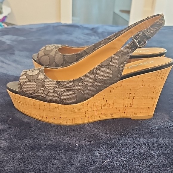 Coach Black and Tan Wedge Slingback Peep-Toe - Picture 5 of 7